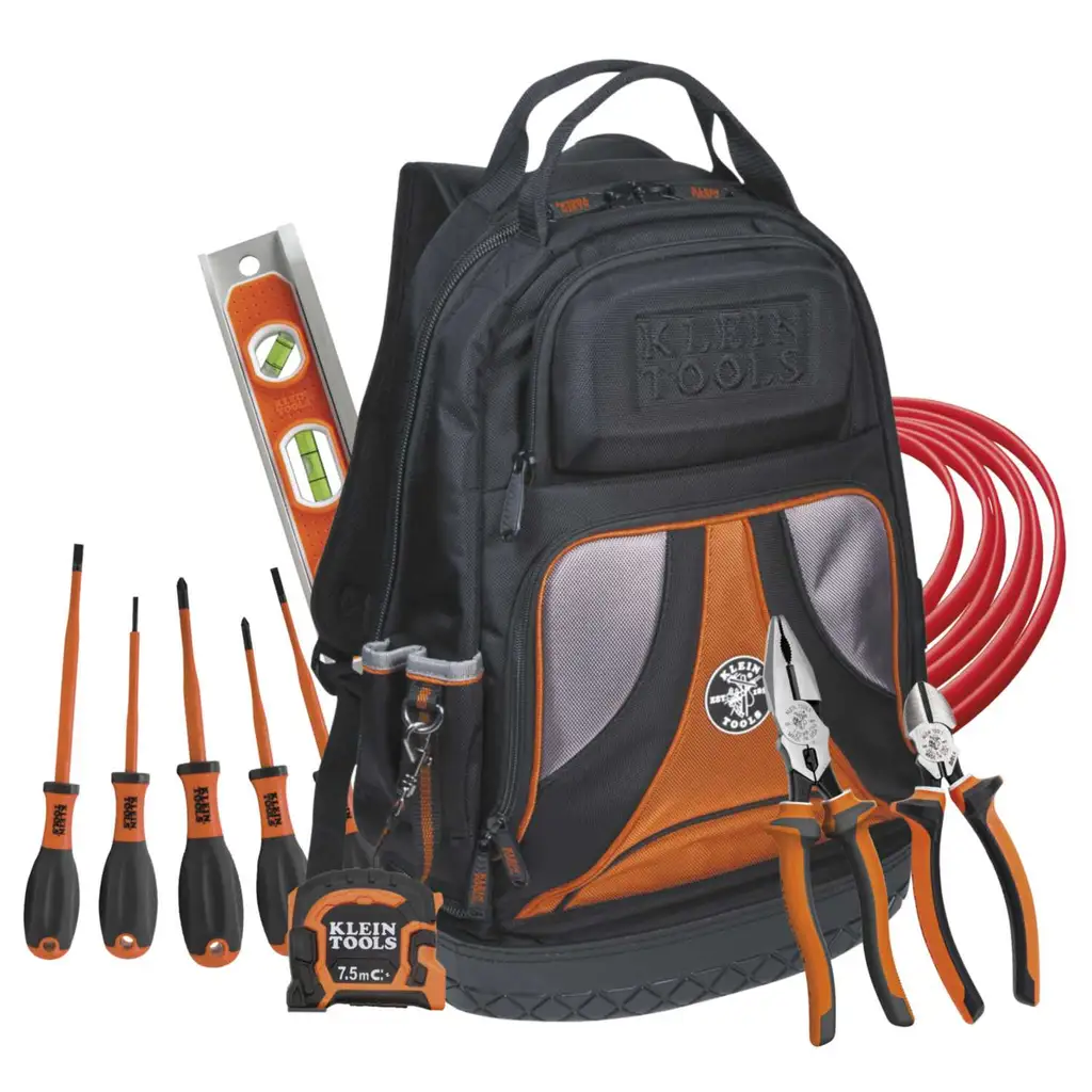 A black and orange backpack with tools</p>
<p>Description automatically generated