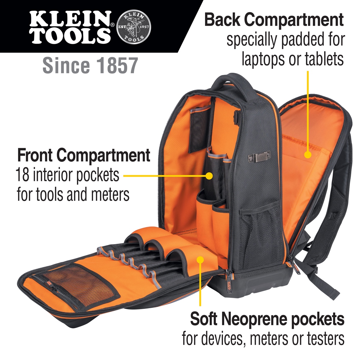 A black and orange backpack with text</p>
<p>Description automatically generated